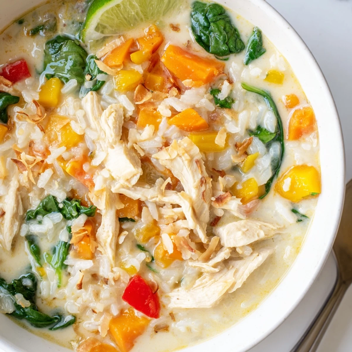 Spoon lifting jasmine rice and tender chicken from Golden Coconut Chicken Rice Soup