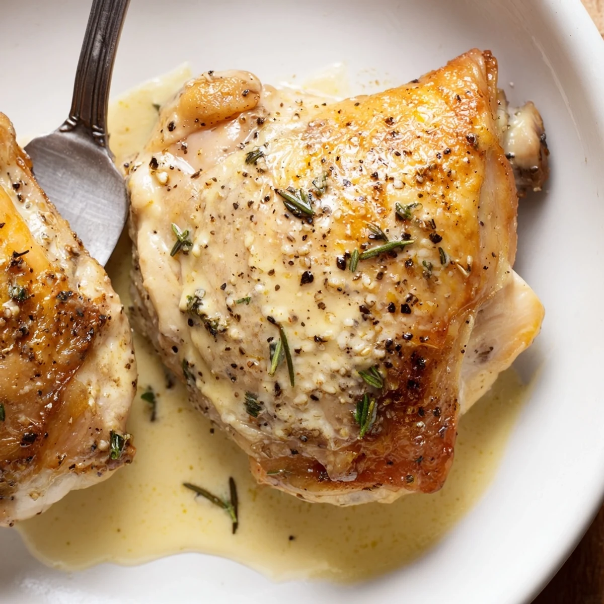 Creamy Garlic Chicken Thighs With Herbs in velvety cream sauce, golden skin.