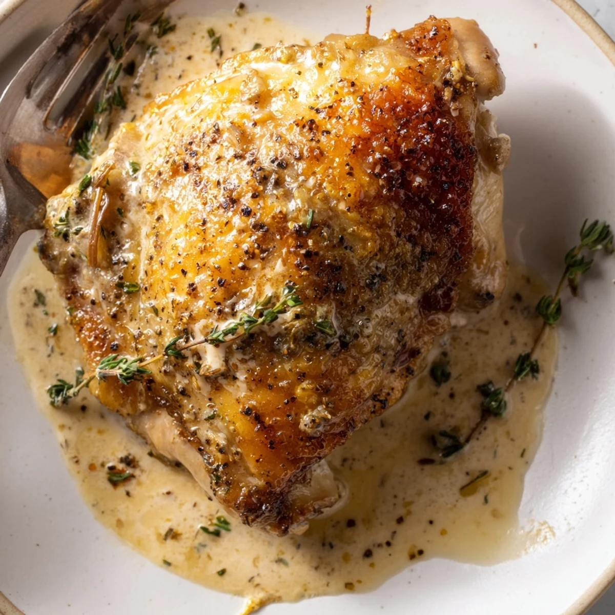 Creamy Garlic Chicken Thighs With Herbs releasing garlicky aroma, spooned with herb sauce.