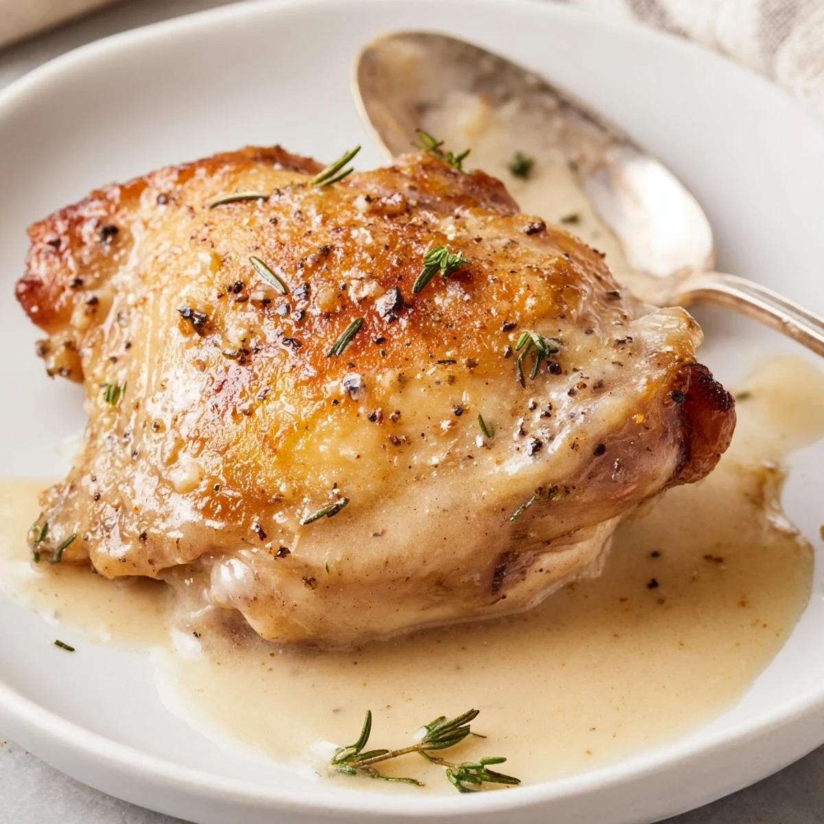 Oven-browned Creamy Garlic Chicken Thighs With Herbs served over buttery mashed potatoes.