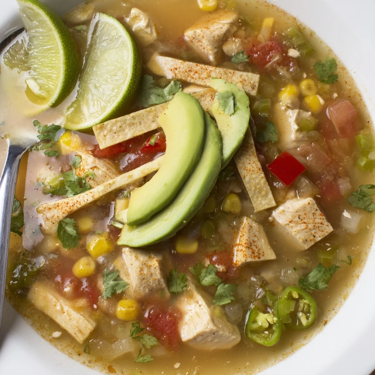 Steaming bowl of Bold Zesty Chicken Lime Soup Recipe with cilantro, lime.
