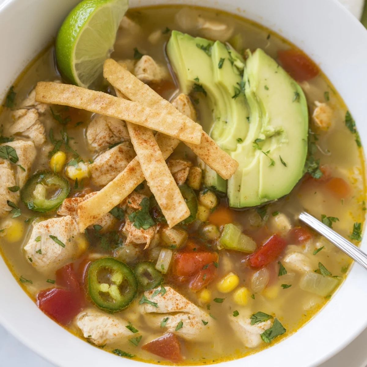 Bright, tangy Bold Zesty Chicken Lime Soup Recipe served with avocado slices.