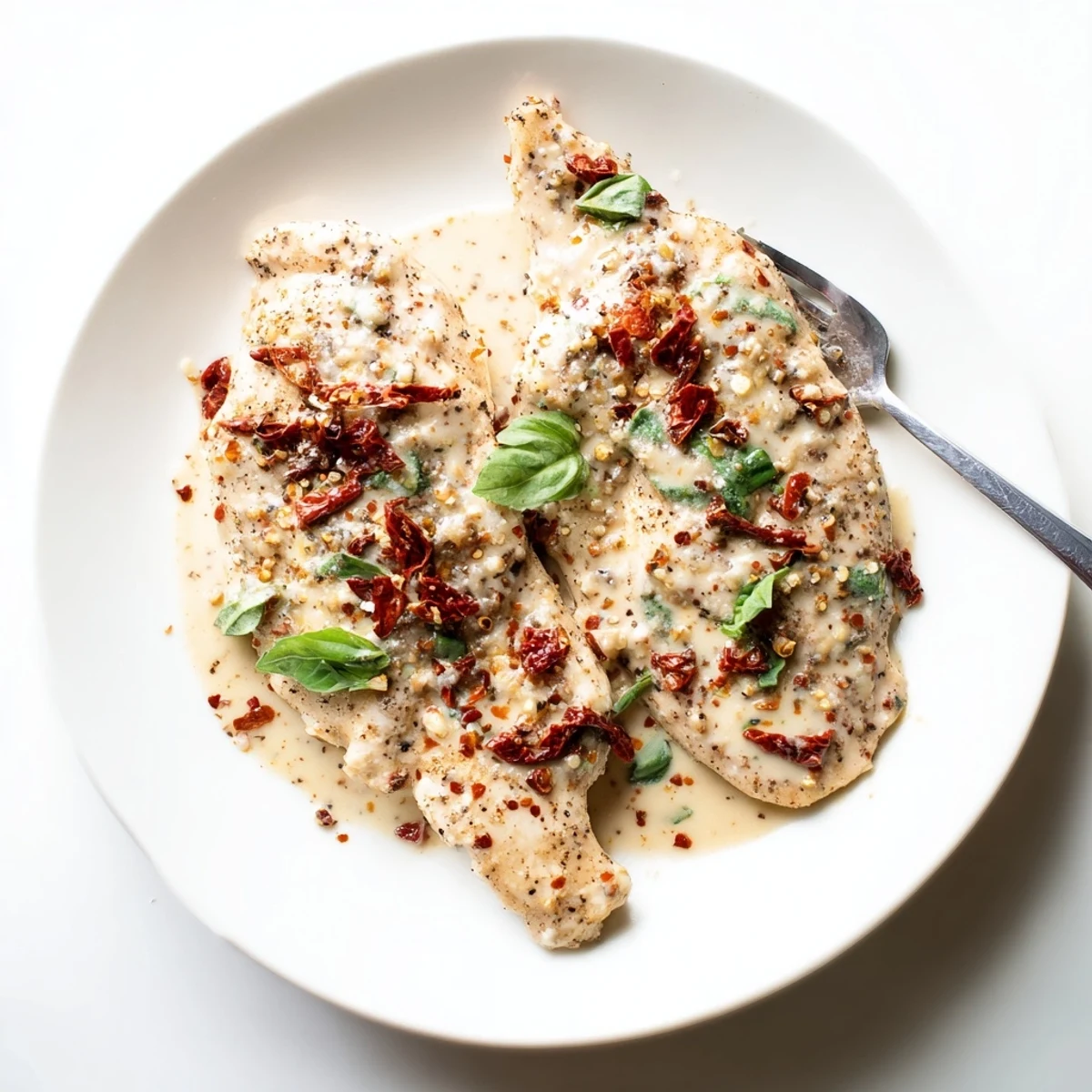 Dump And Go Crockpot Marry Me Chicken served over pasta with fresh basil
