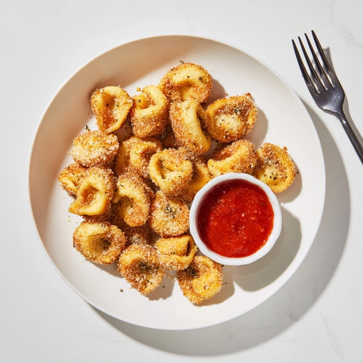Crispy Tortellini Party Snacks Recipe fried to a crisp, plated with warm marinara.