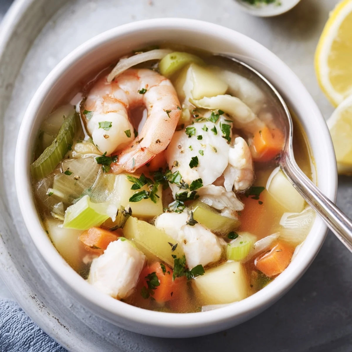 Fish Soup steaming in a bowl with parsley garnish and lemon wedge