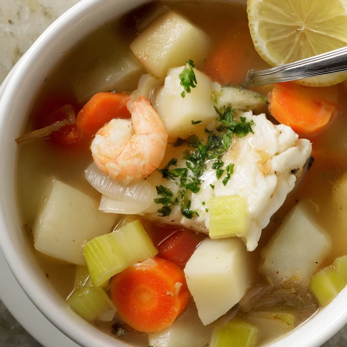 Hearty Fish Soup with flaky cod, diced potatoes, and crusty bread