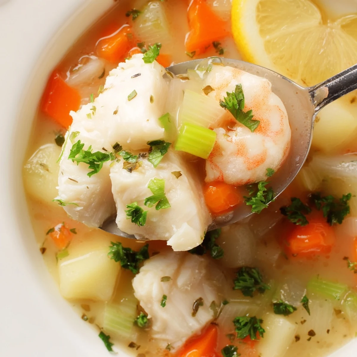 Bowl of aromatic Fish Soup simmered with tomatoes, thyme, and lemon