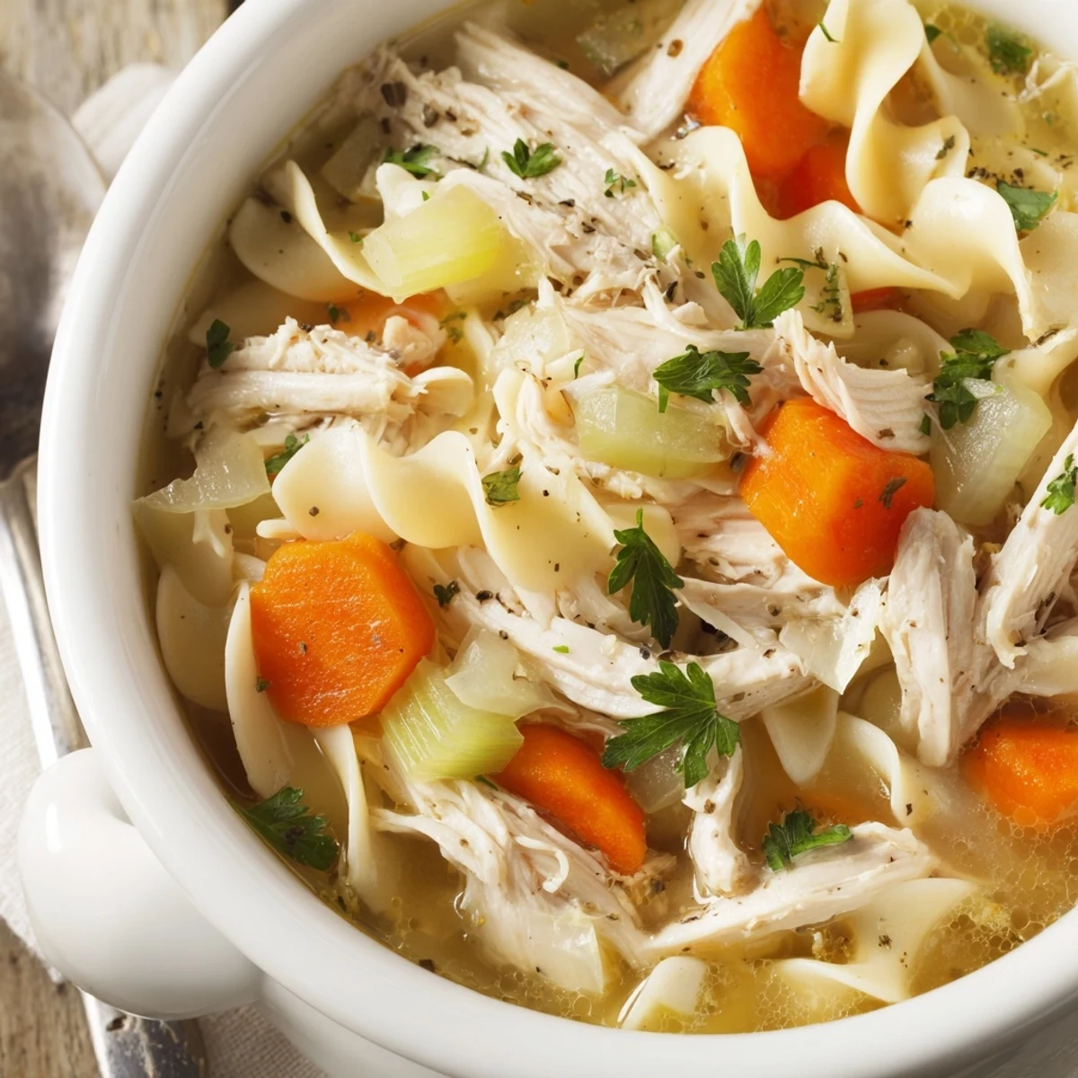 Steaming bowl of Chicken Noodle Soup with tender chicken and carrots