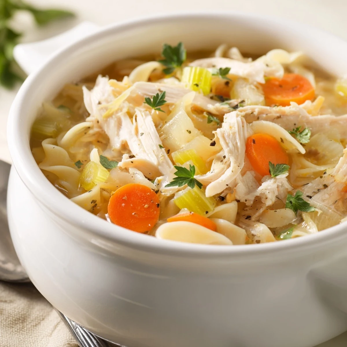 Homestyle Chicken Noodle Soup simmering in pot, fragrant broth and vegetables