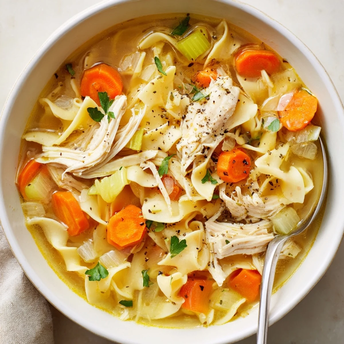 Hearty Chicken Noodle Soup ladled over egg noodles, bright parsley garnish
