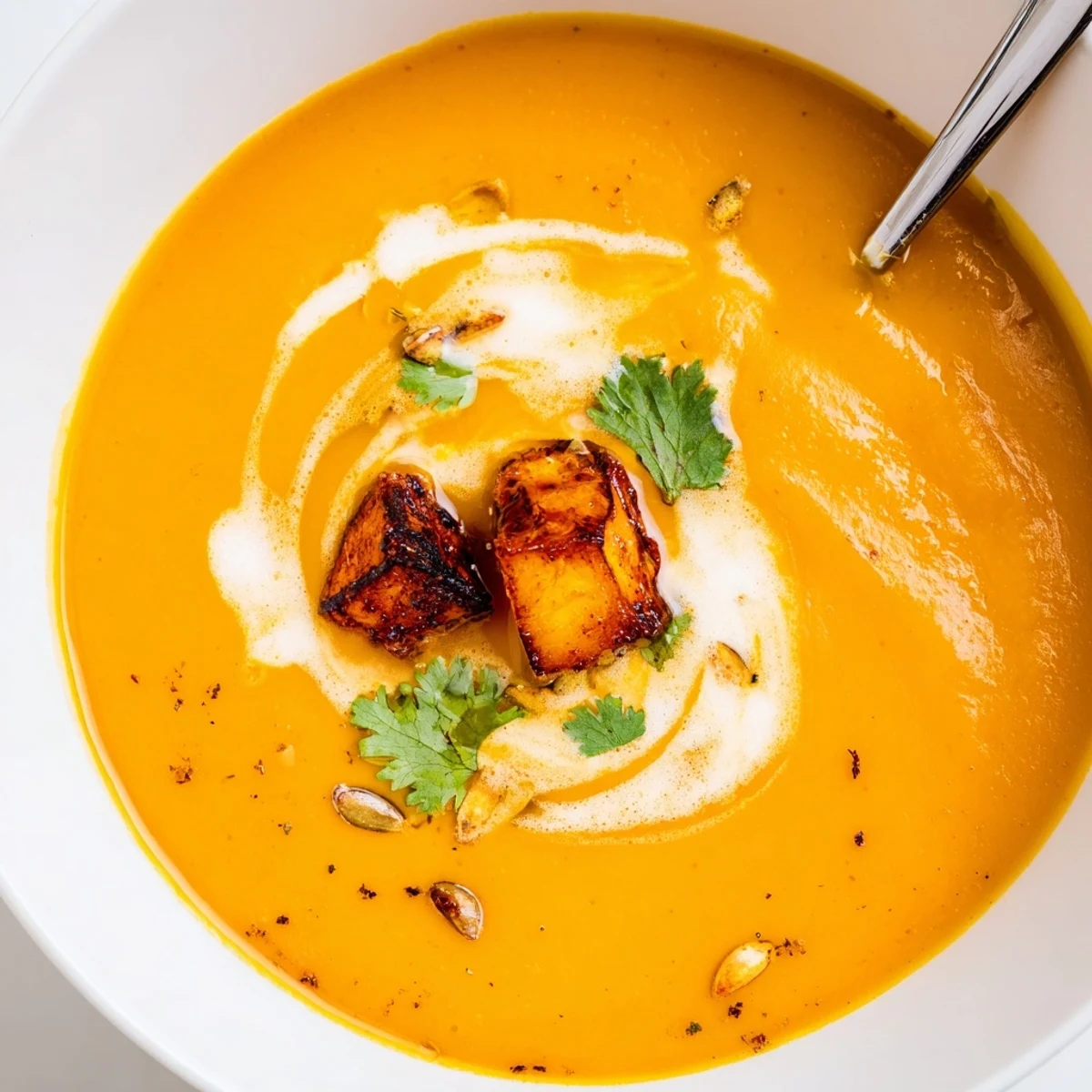 Pumpkin Soup velvety orange puree with coconut milk, served with crusty bread