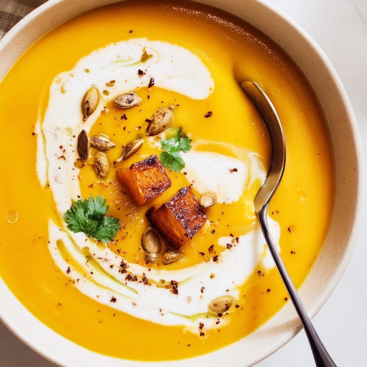 Creamy Pumpkin Soup steaming in a bowl, garnished with roasted seeds