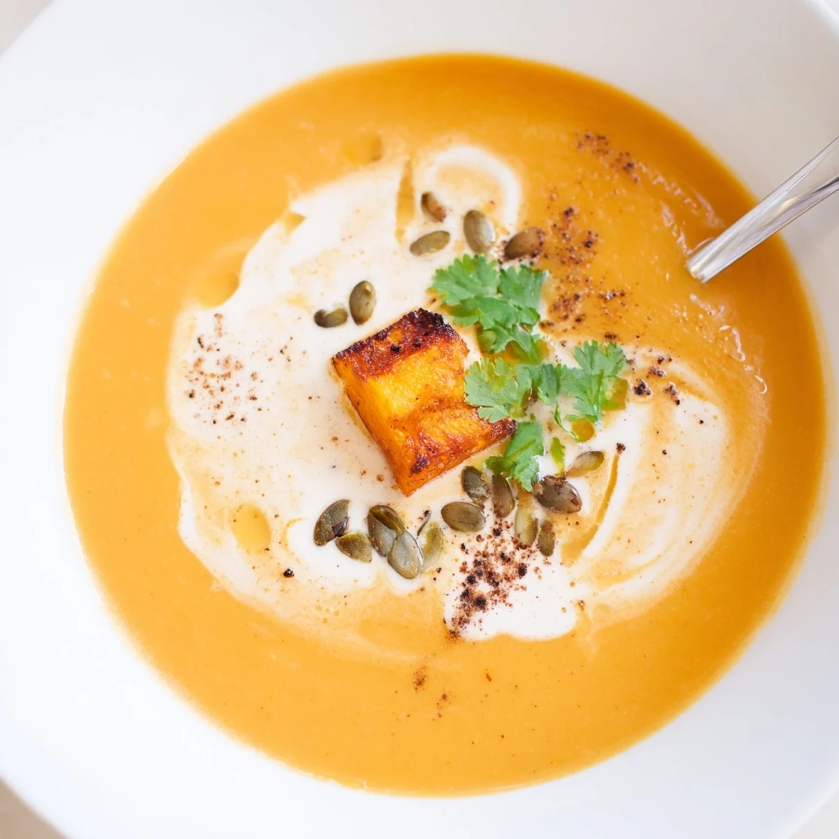Bowl of roasted Pumpkin Soup sprinkled with parsley and warming spices