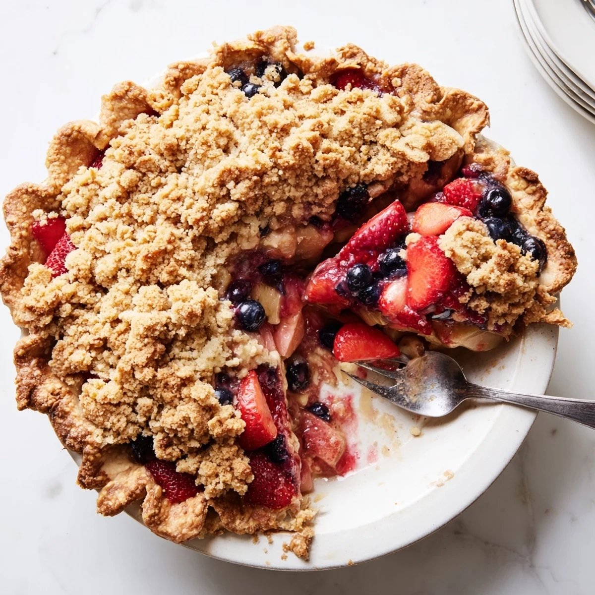 Golden berry rhubarb dream pie with buttery crumble topping cooling on a wire rack
