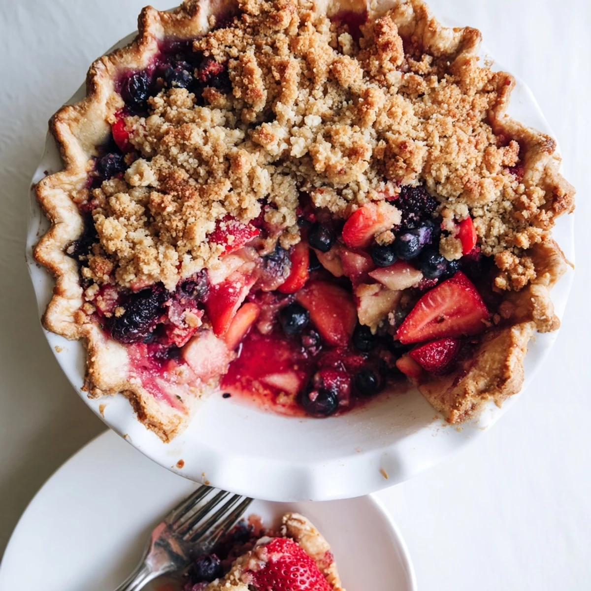 Slice of sweet berry rhubarb dream pie revealing vibrant red fruit filling and golden crumbs