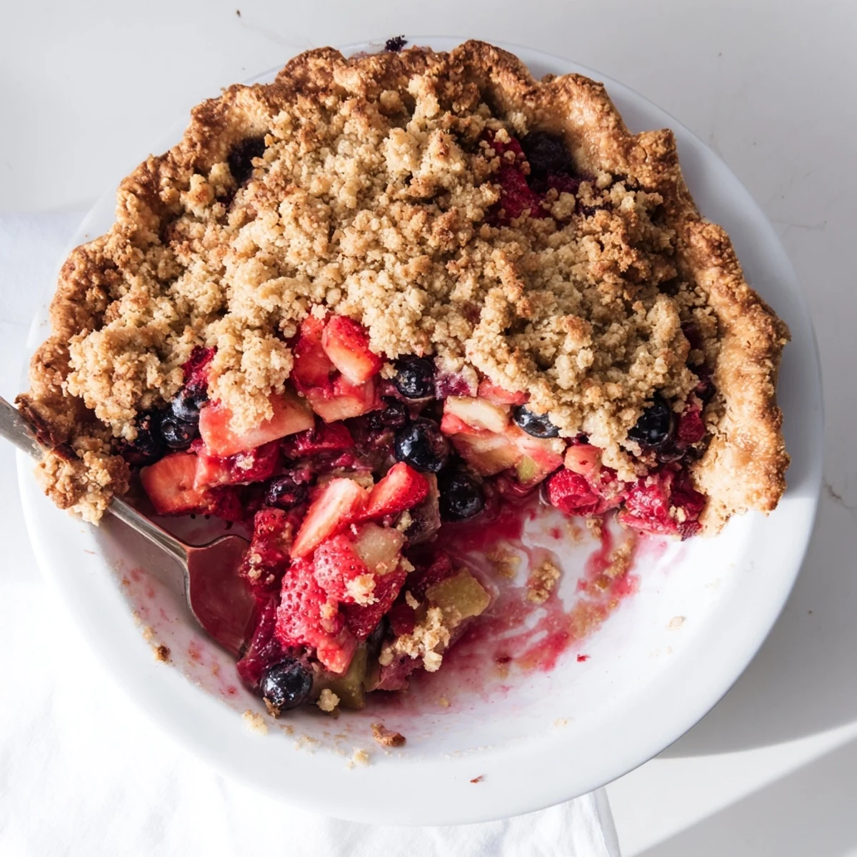 Baked sweet berry rhubarb dream pie with bubbling fruit juices beneath oat crumble topping