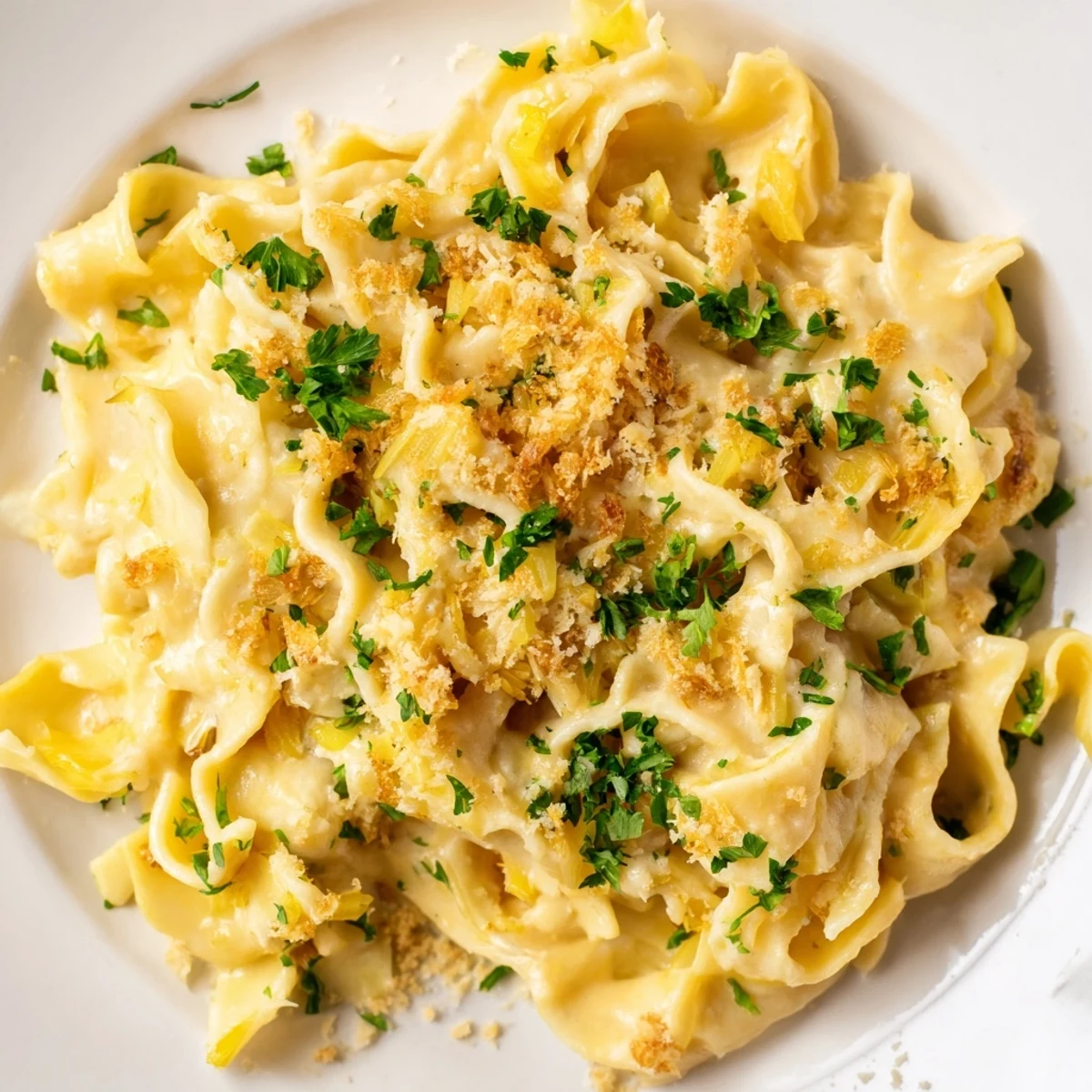 Golden egg noodles coated in a rich Parmesan cream sauce with chopped parsley garnish