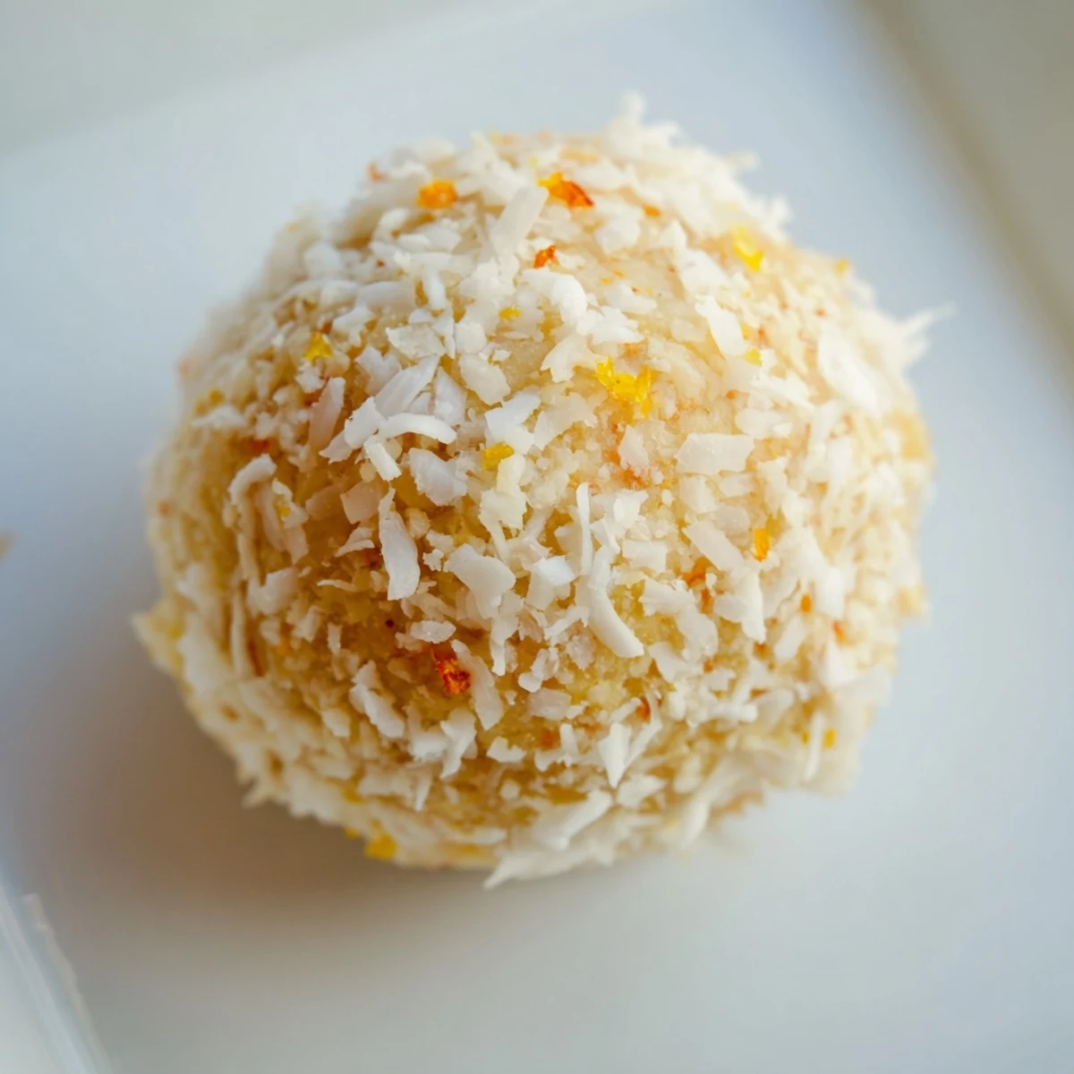 Citrus Bliss Bits plated on white dessert stand with coconut coating visible