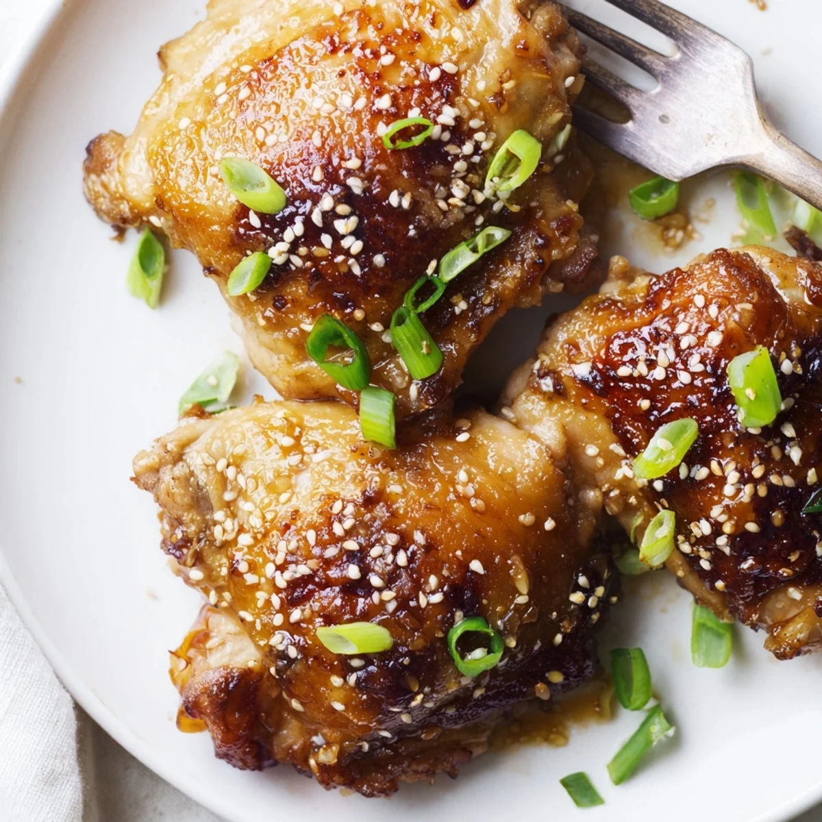 Oven-roasted chicken thighs coated in sticky teriyaki glaze with green onion garnish