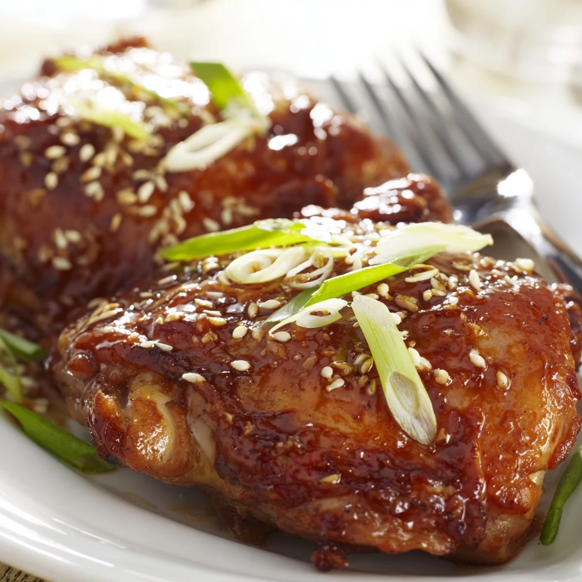 Golden bone-in teriyaki chicken thighs glazed with savory-sweet sauce and sesame seeds