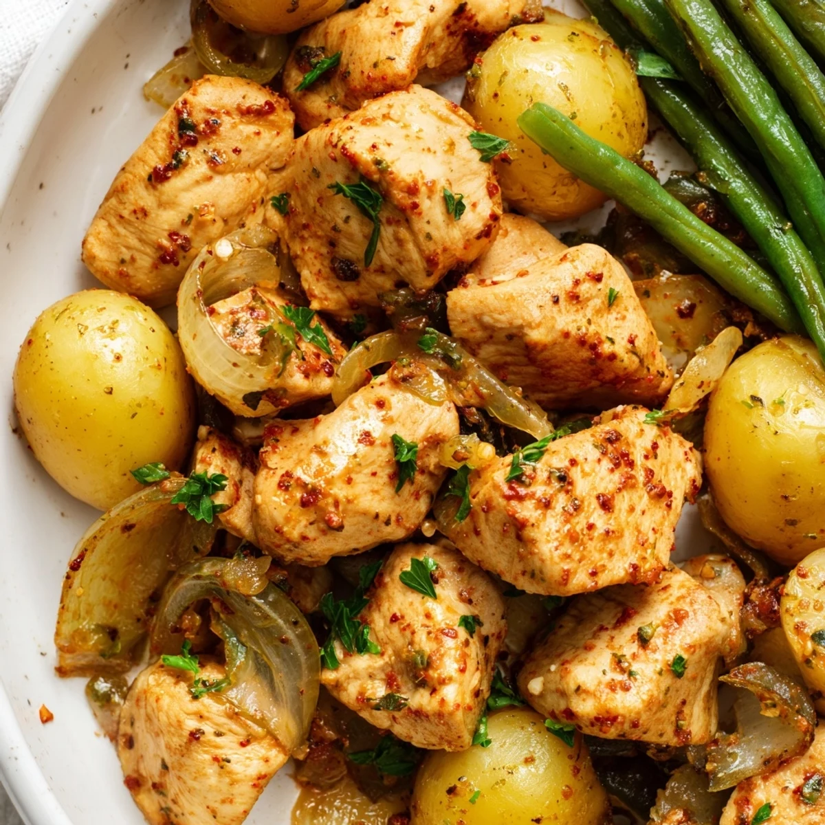 Comforting one-pot slow cooker chicken and potatoes with green beans, garnished with fresh parsley