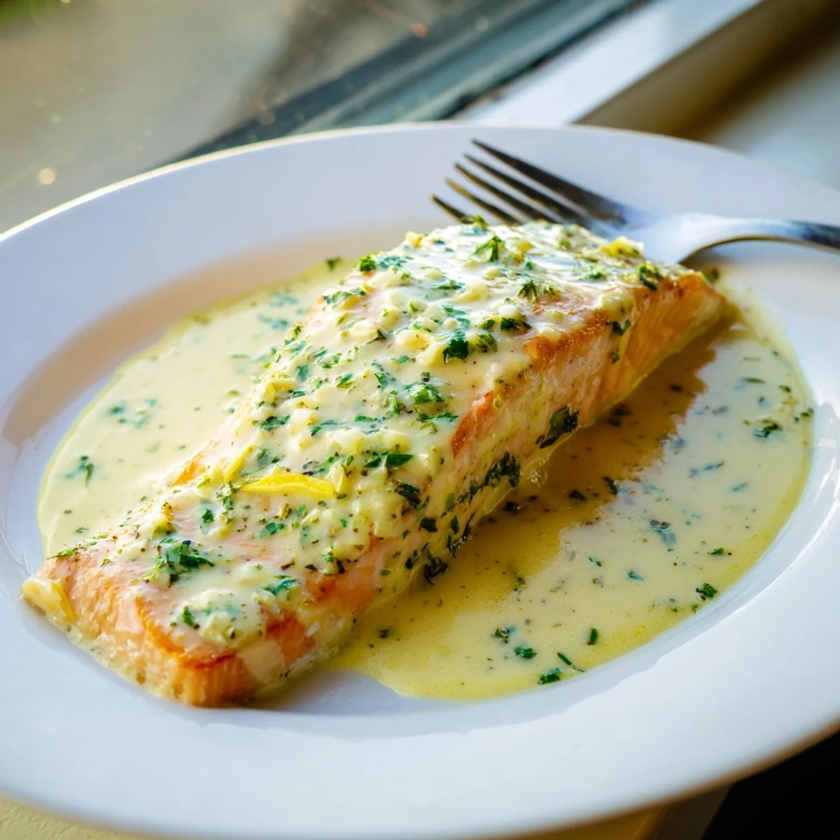 Golden pan-seared salmon fillet drizzled with creamy lemon garlic sauce on white plate