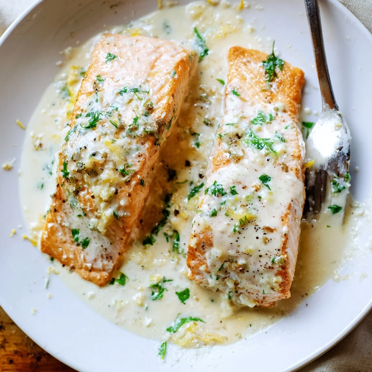 Tender salmon with lemon cream sauce served with fresh parsley and lemon wedges