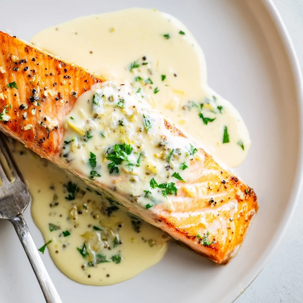 Savory salmon fillet topped with rich tangy lemon cream sauce garnished with chopped herbs