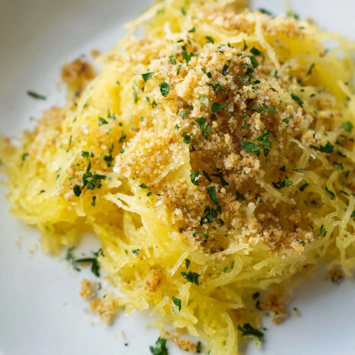 Golden brown spaghetti squash mac and cheese baked in a white dish with fresh parsley garnish