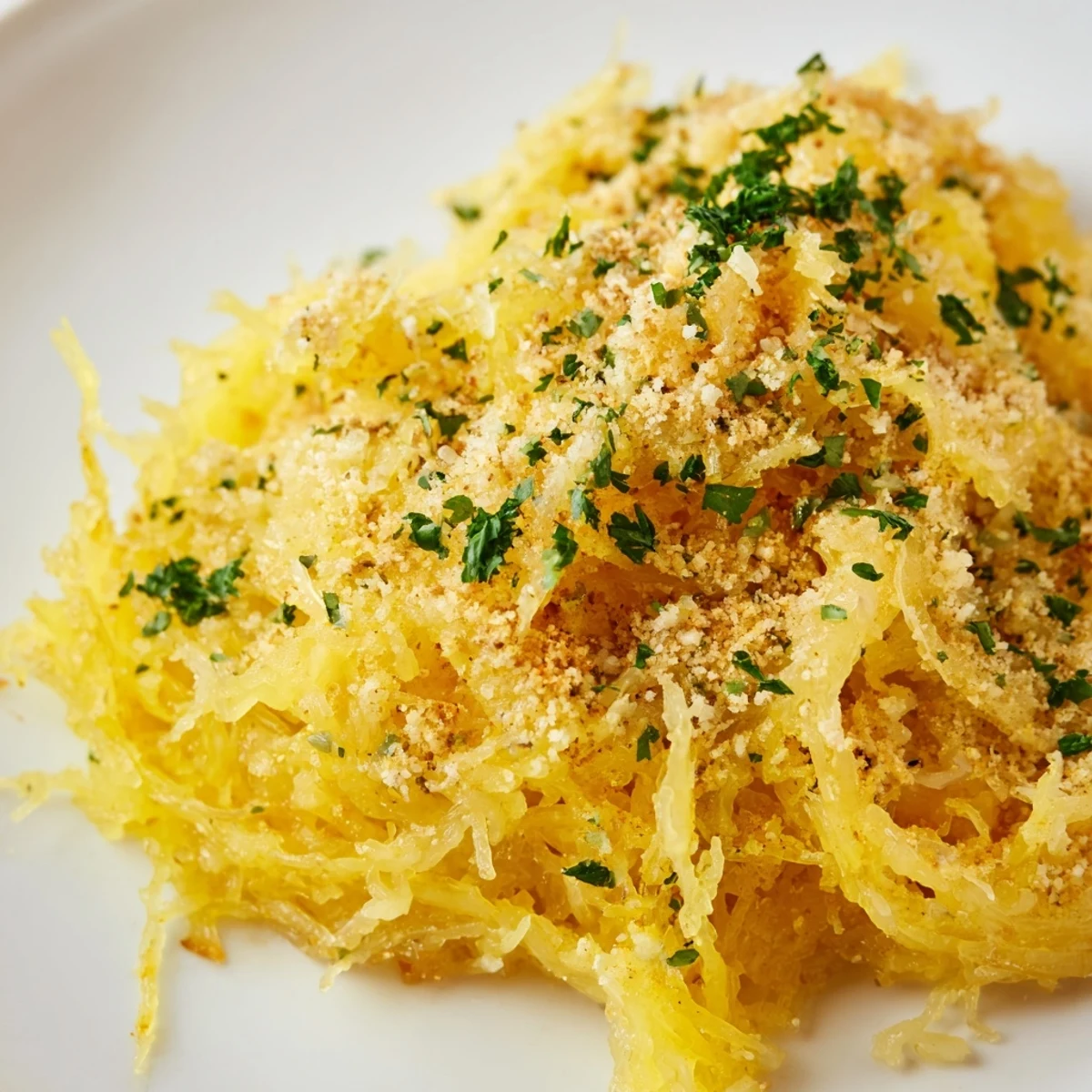 Bubbling skillet of spaghetti squash mac and cheese topped with crispy breadcrumbs and melted Gruyère cheese
