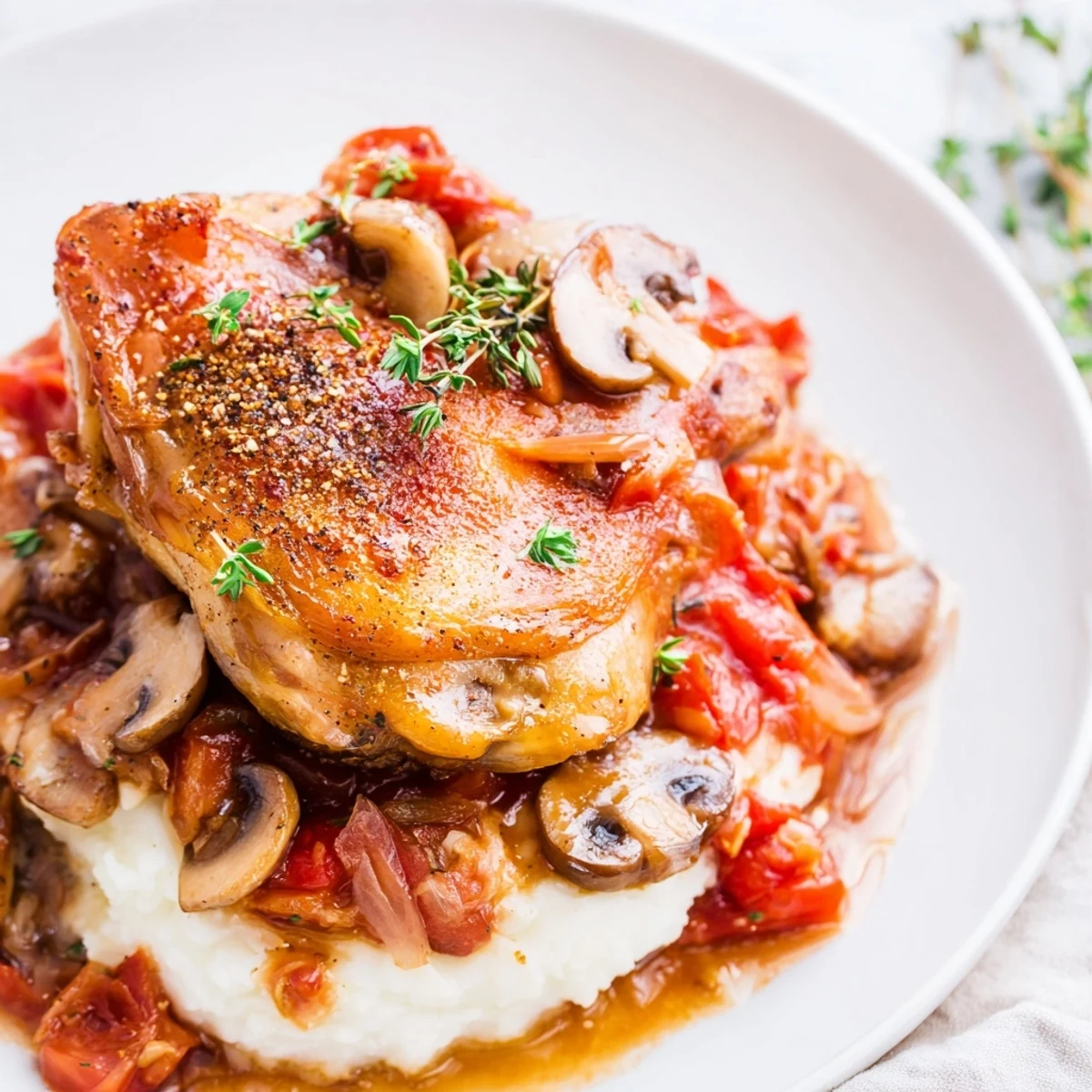 Classic French Hunters Chicken simmering in tomato-mushroom sauce, golden skin