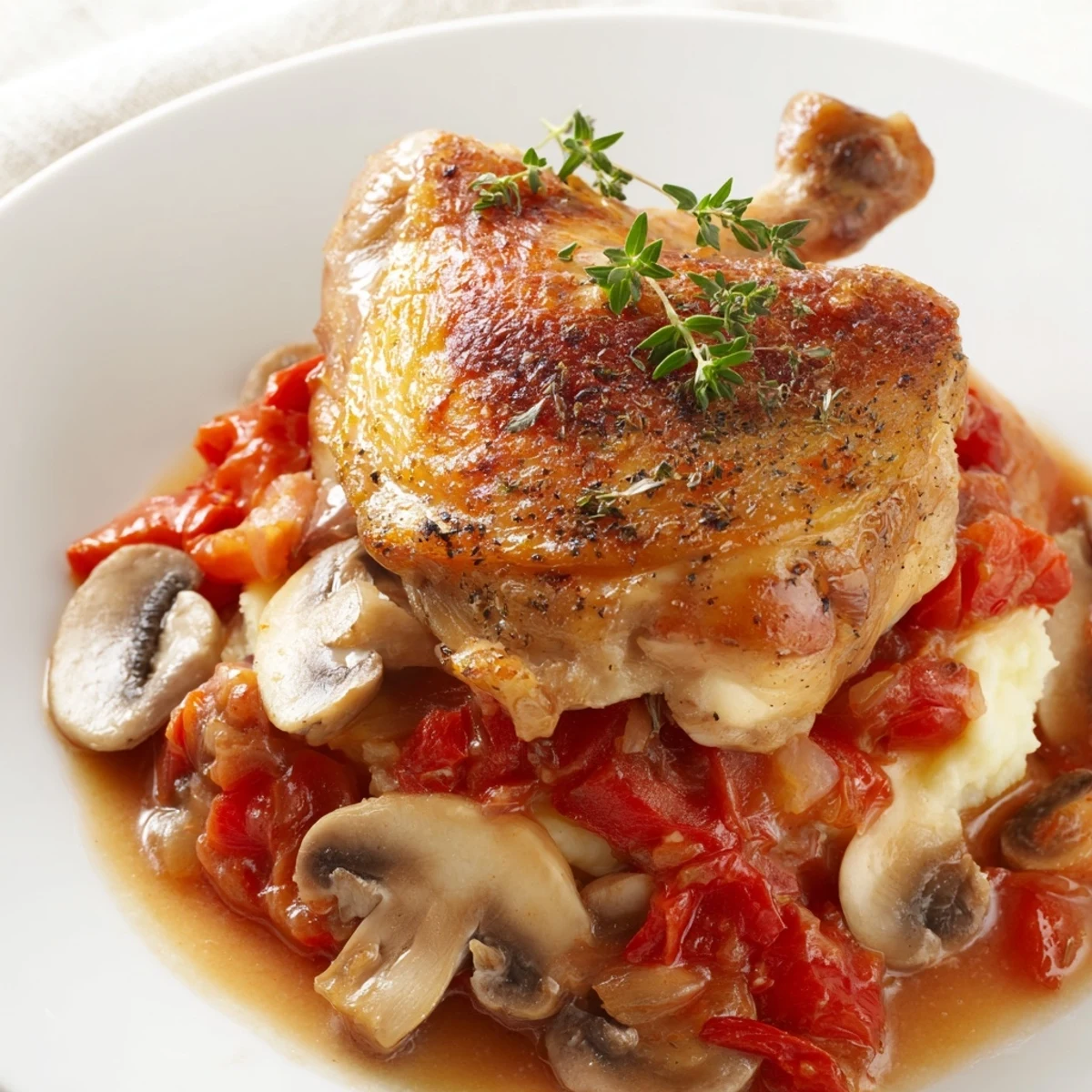 Rustic skillet Classic French Hunters Chicken glazed in wine sauce, herb-sprinkled
