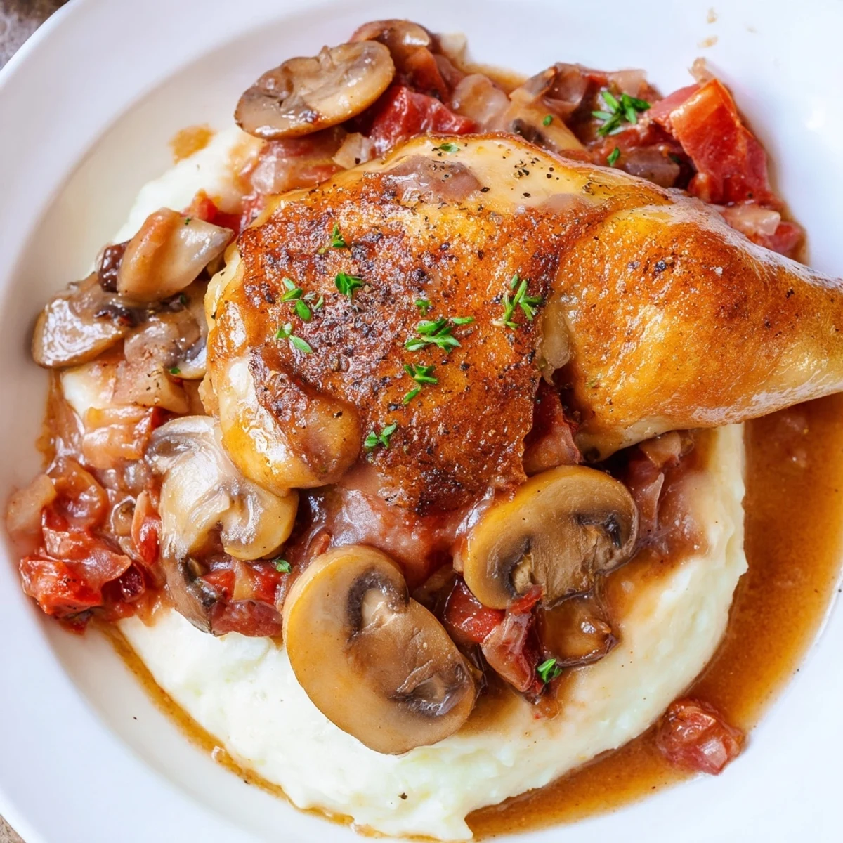 Warm Classic French Hunters Chicken served over mashed potatoes, fragrant thyme