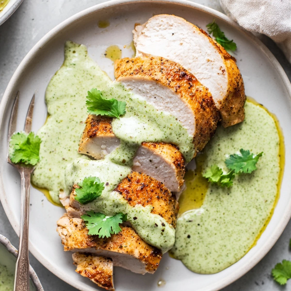 Tomatillo Ranch Chicken baked golden, juicy slices topped with cilantro and lime