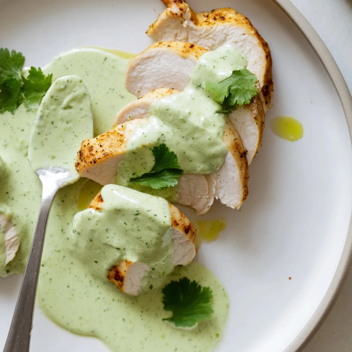 Sliced Tomatillo Ranch Chicken resting on rice, tangy sauce spooned over
