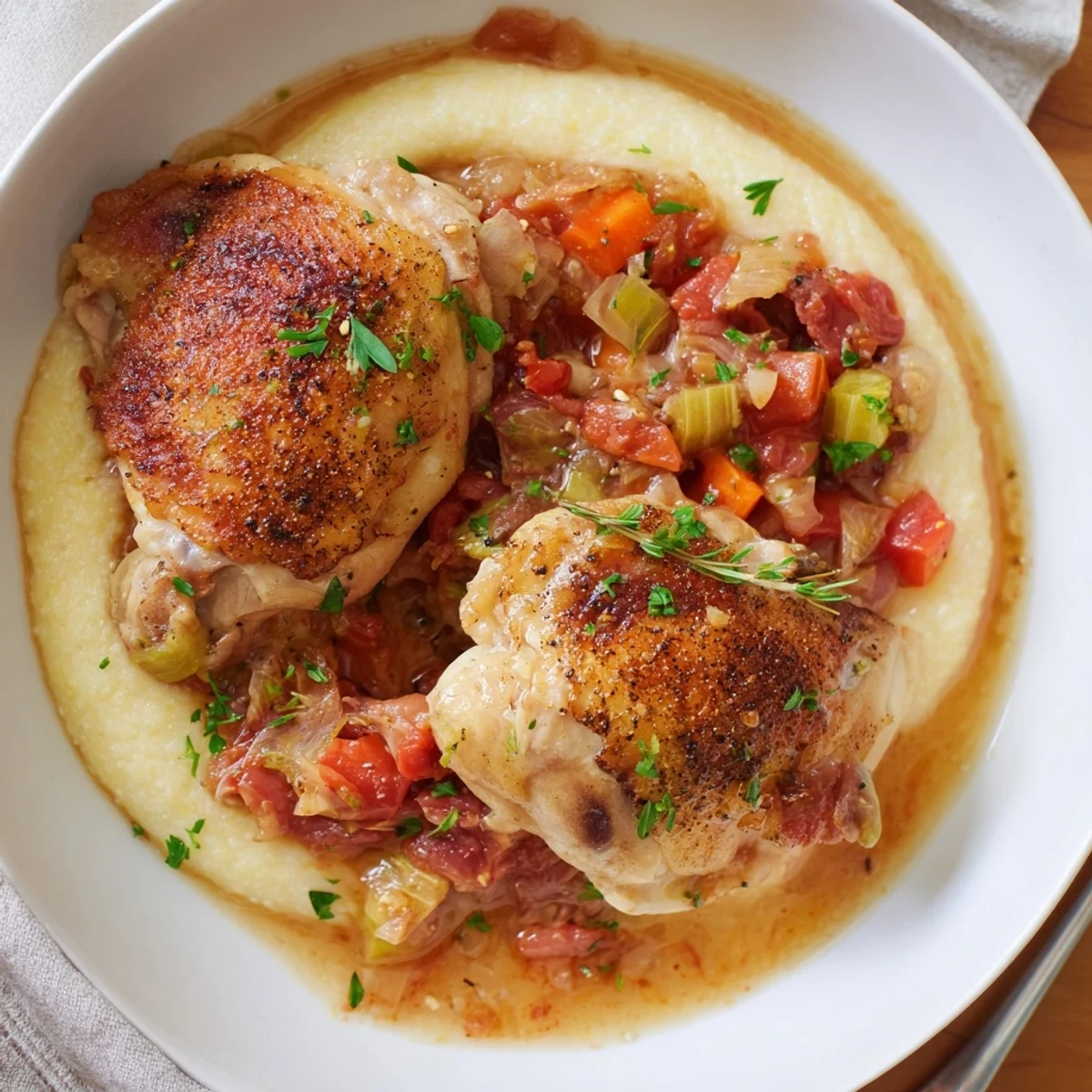 Rustic Chicken Thigh Osso Bucco over creamy polenta, lemon zest and parsley