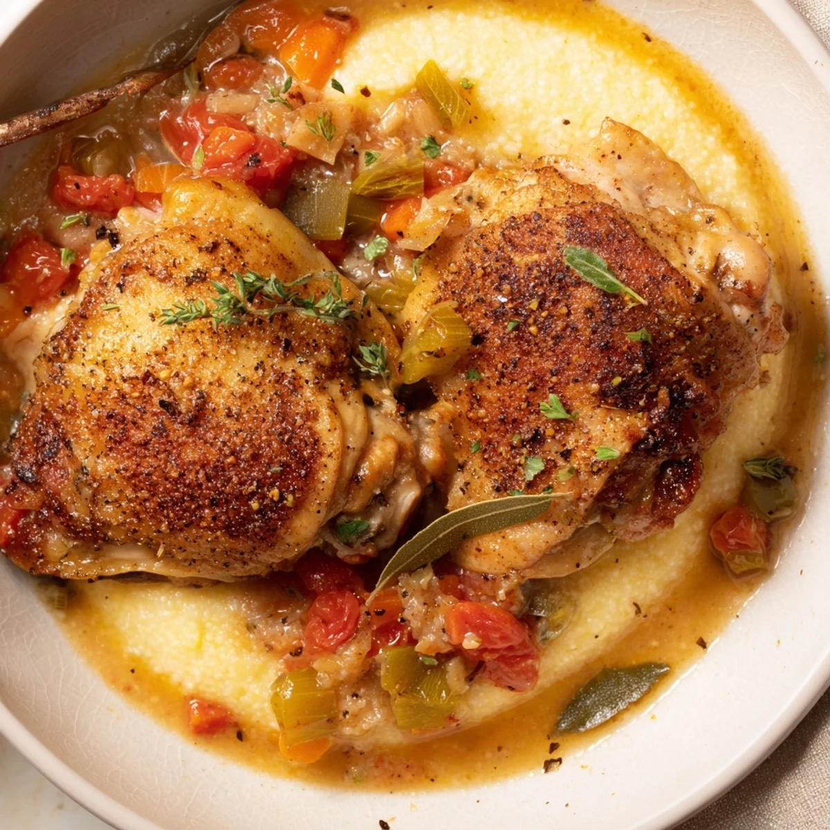 Braised Chicken Thigh Osso Bucco simmering in tomato-white wine sauce, garnished with parsley