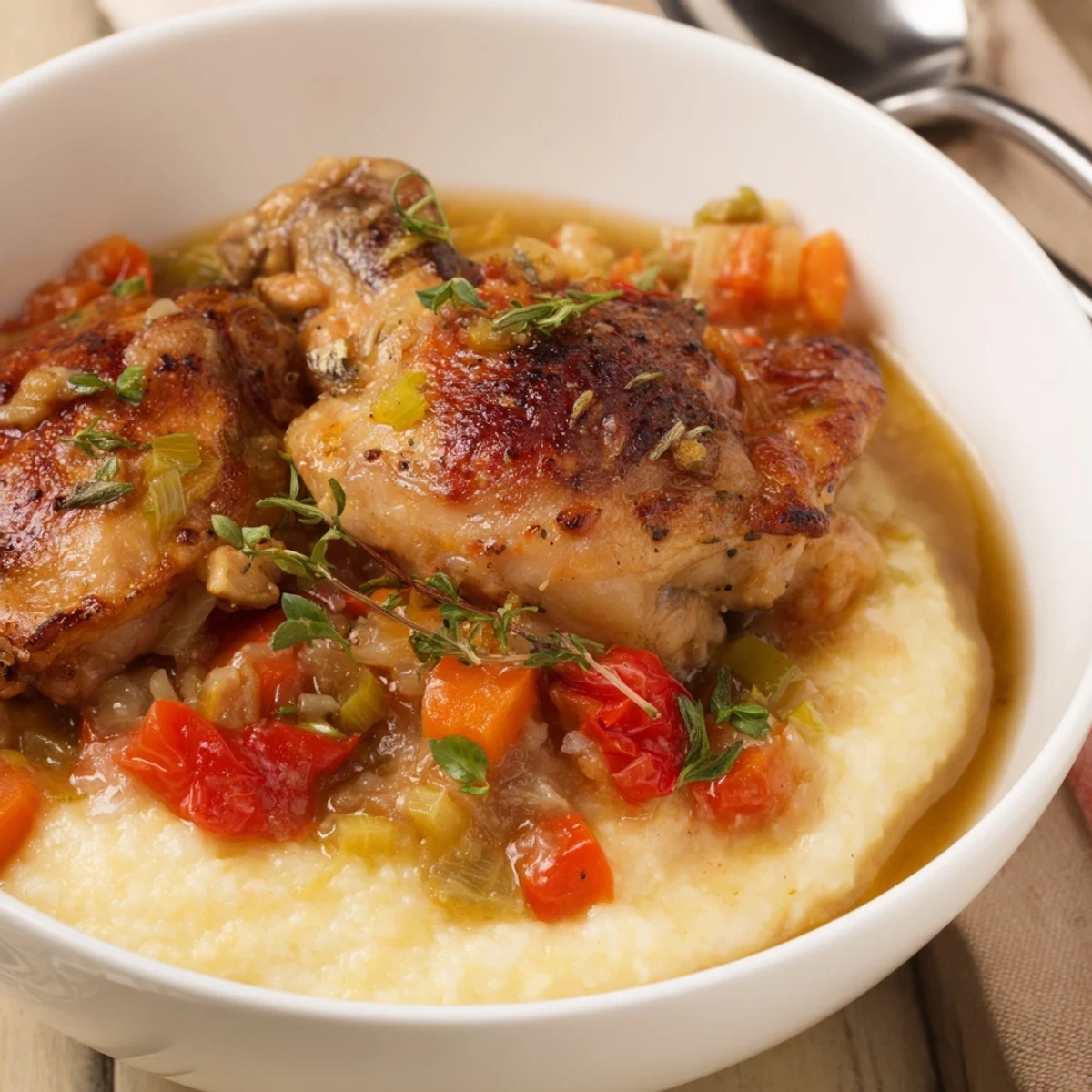 Steaming Chicken Thigh Osso Bucco in heavy pot, aromatic tomatoes and wine