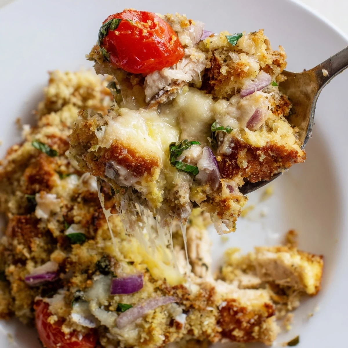 Golden baked chicken bruschetta casserole topped with melted mozzarella and fresh basil