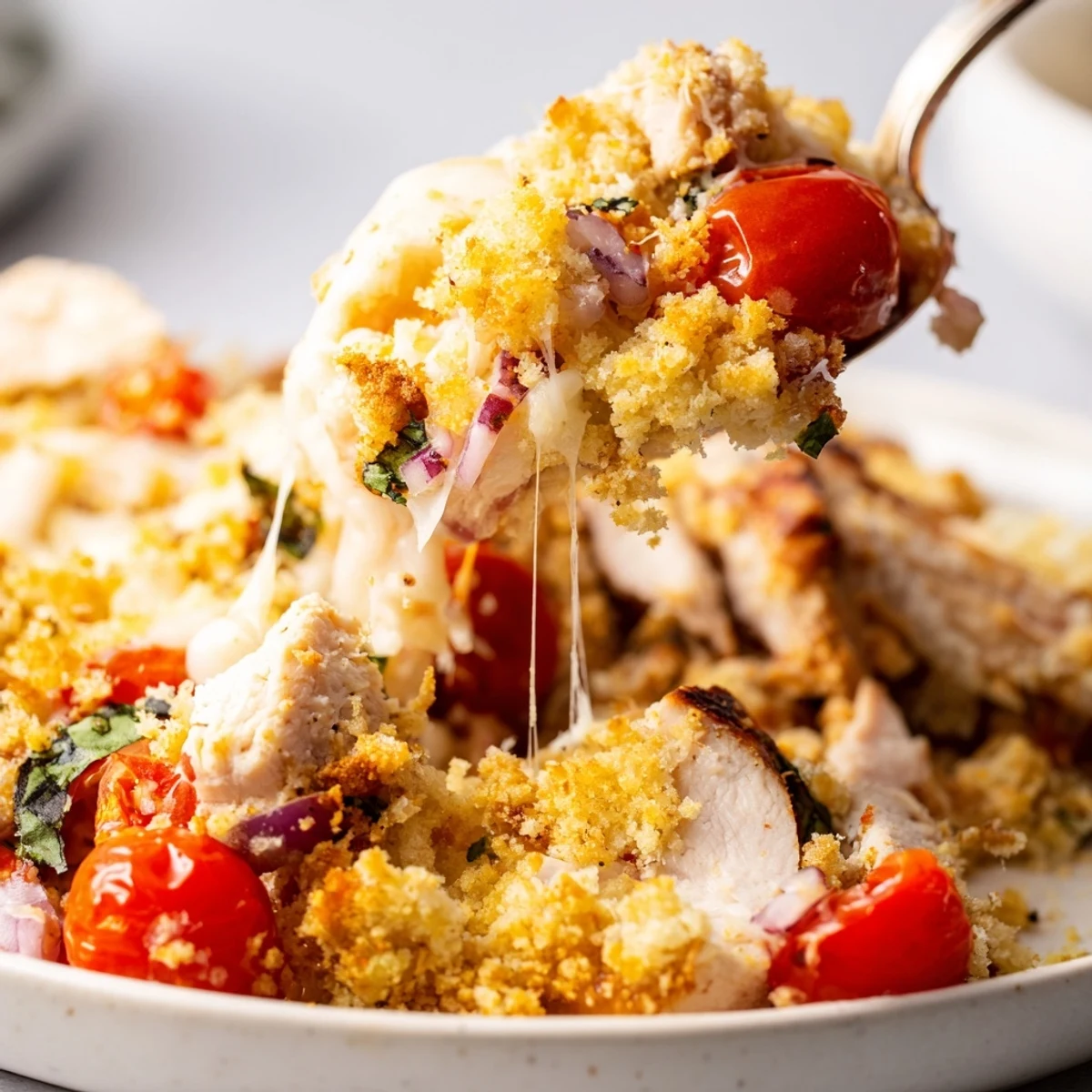 Juicy chicken bruschetta casserole with bubbling cheese and crispy breadcrumb crust