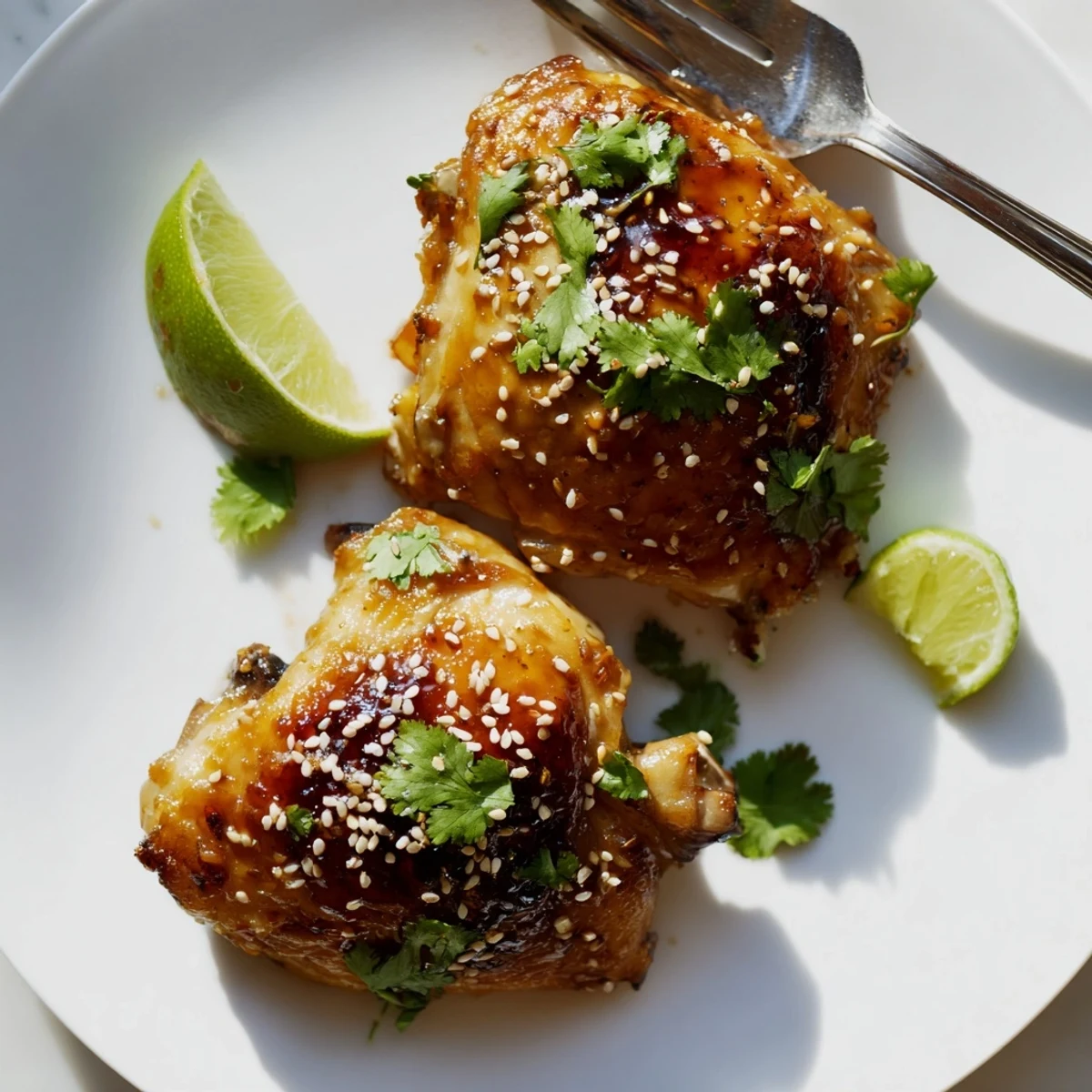 Juicy sweet chili air fryer chicken thighs with sticky sauce and sesame seed garnish