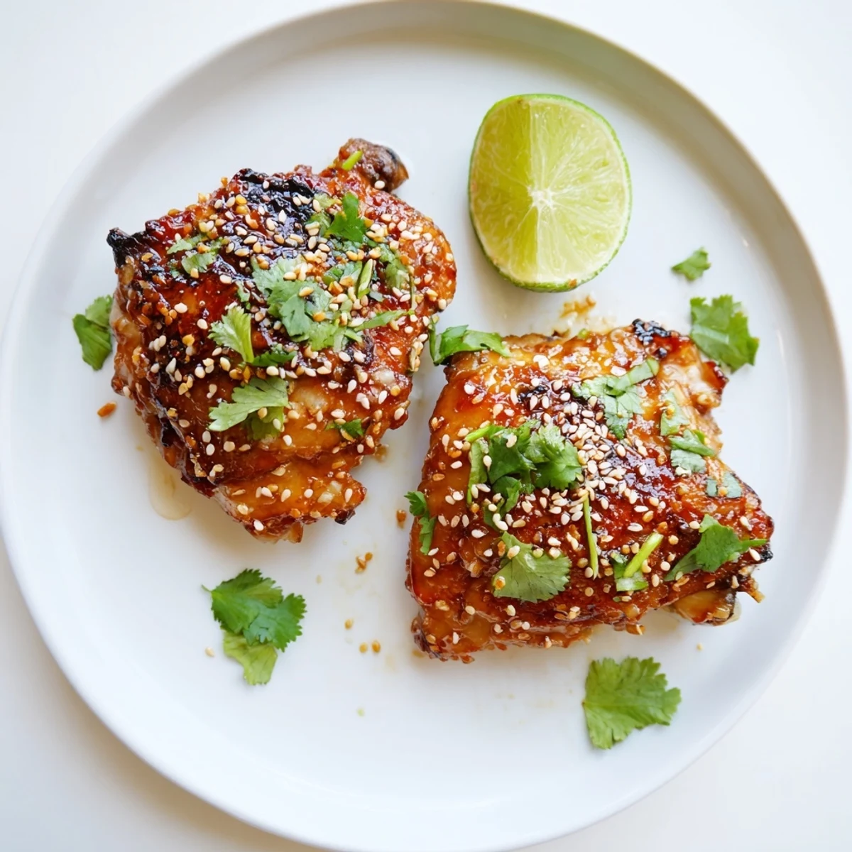 Golden caramelized sweet chili air fryer chicken thighs on a plate with fresh cilantro