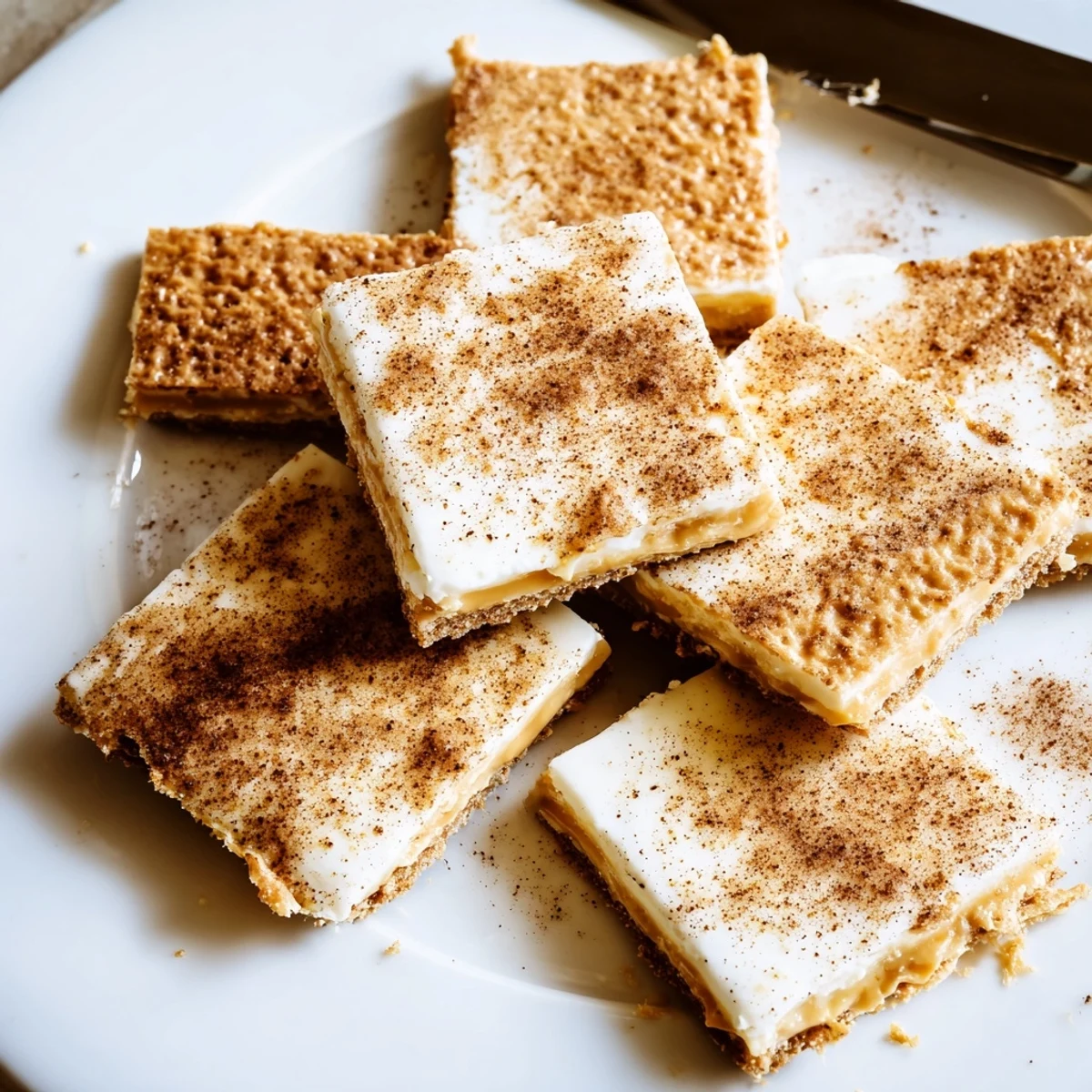Churro Saltine White Toffee squares topped with golden cinnamon sugar on a rustic baking sheet