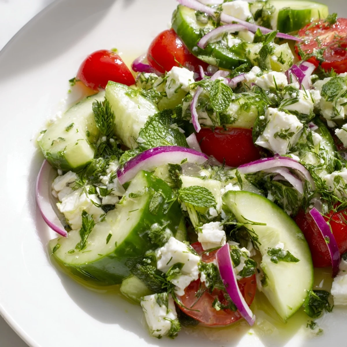 Creamy feta cucumber herb salad tossed with fresh dill and lemon dressing