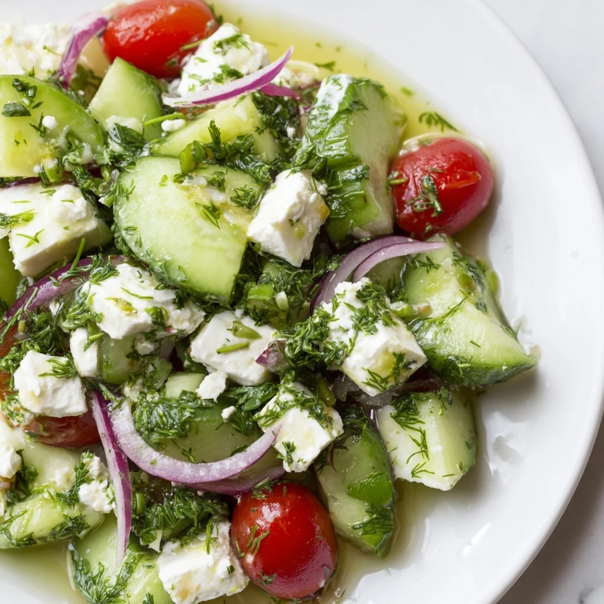 Crisp cucumber slices topped with crumbled feta and vibrant Mediterranean herbs in bowl