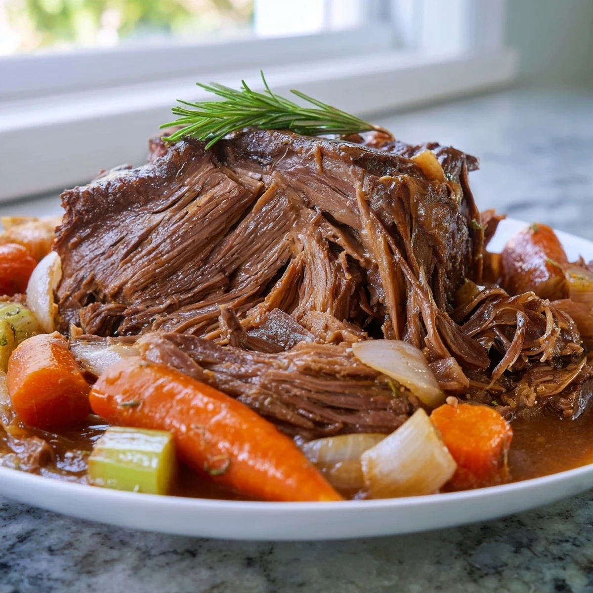 Tender perfect pot roast with carrots and celery in rich pan juices