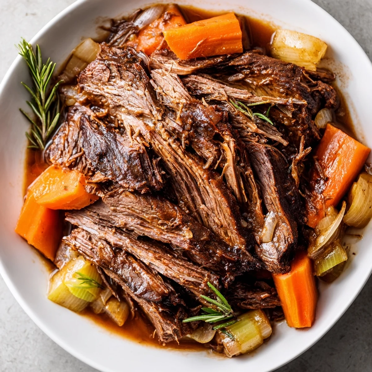 Golden-seared perfect pot roast surrounded by fork-tender vegetables and savory broth