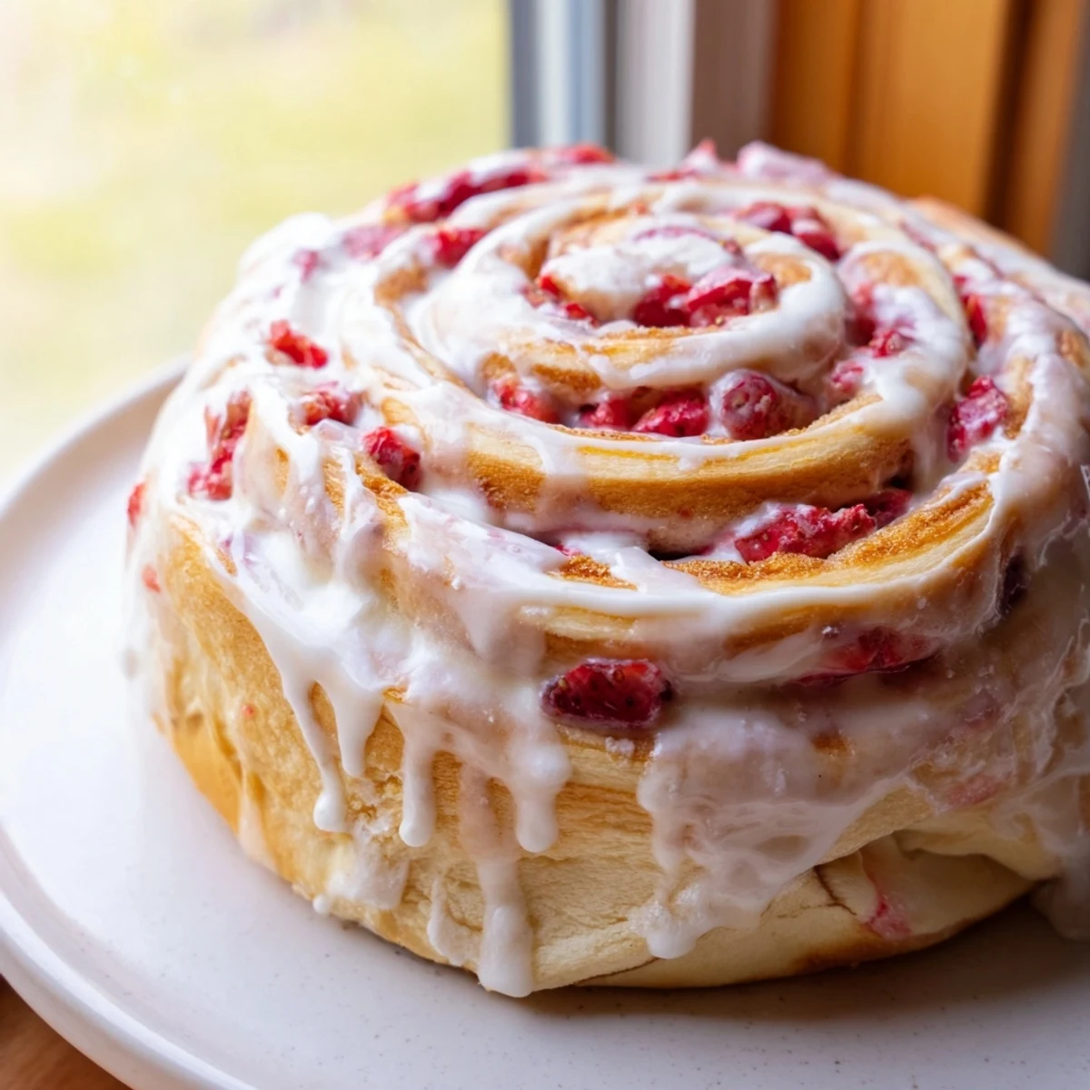Golden strawberry cheesecake rolls drizzled with sweet vanilla glaze on a rustic plate