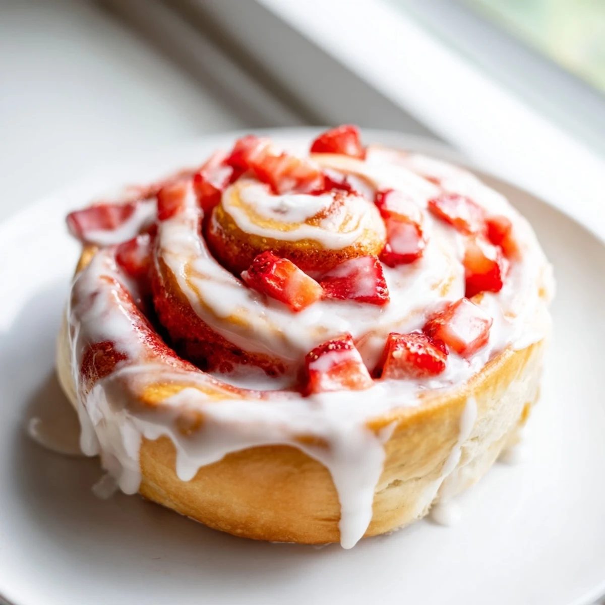 Soft baked rolls oozing creamy cheesecake filling and bright red strawberry chunks