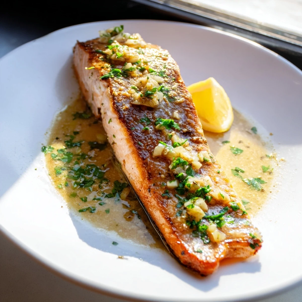 Golden garlic butter salmon fillets glistening in a tangy lemon herb pan sauce